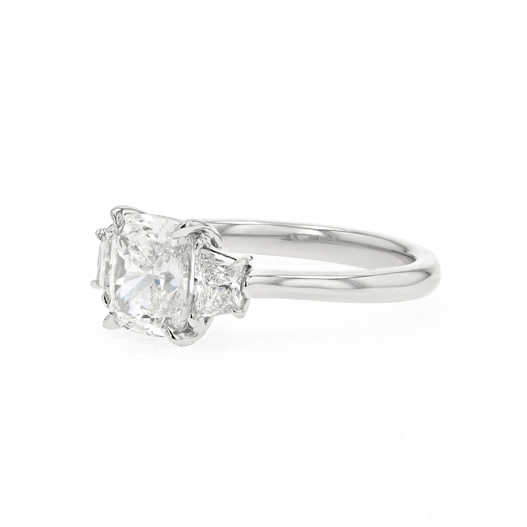 Platinum and 1.71 Total Weight Cushion Cut Diamond Three Stone Ring