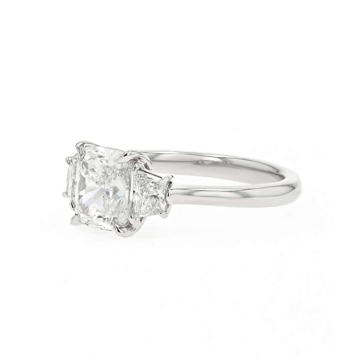 Platinum and 1.71 Total Weight Cushion Cut Diamond Three Stone Ring