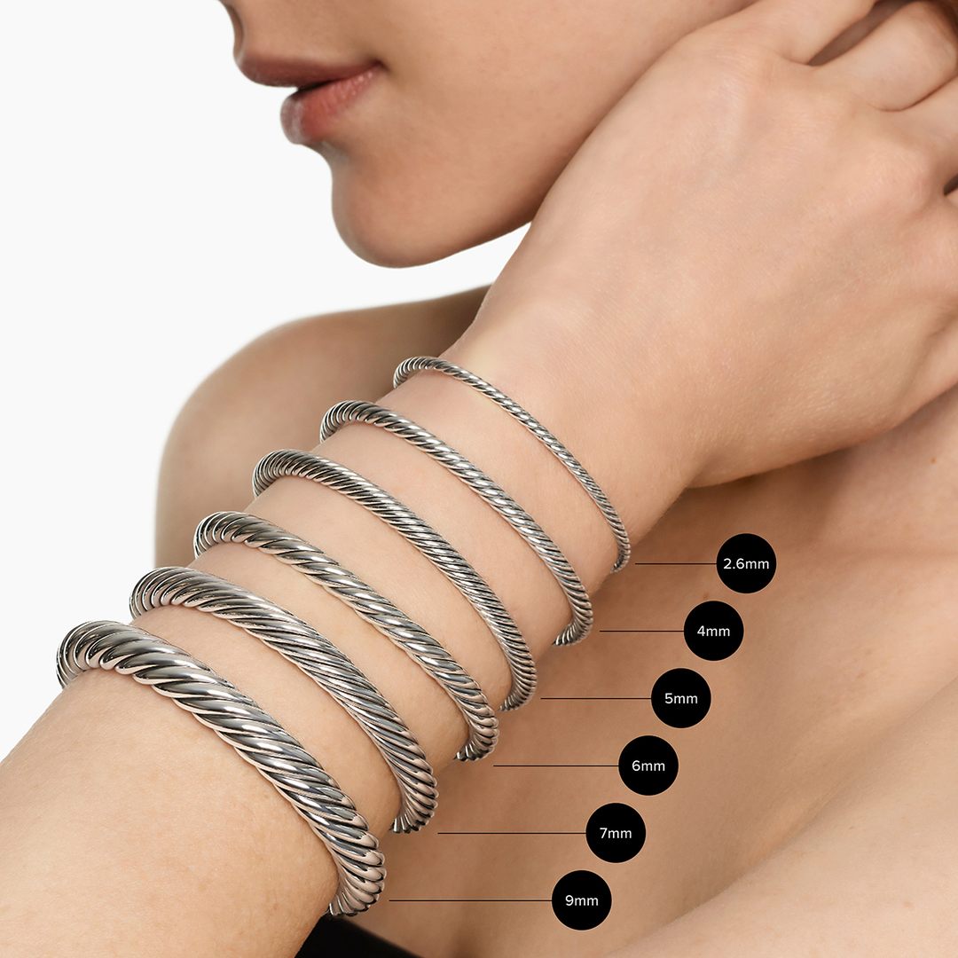 David Yurman Micro Cable Flex Bracelet Sterling Silver with 14k Yellow Gold and Pavé Diamond Domes, 2.6mm