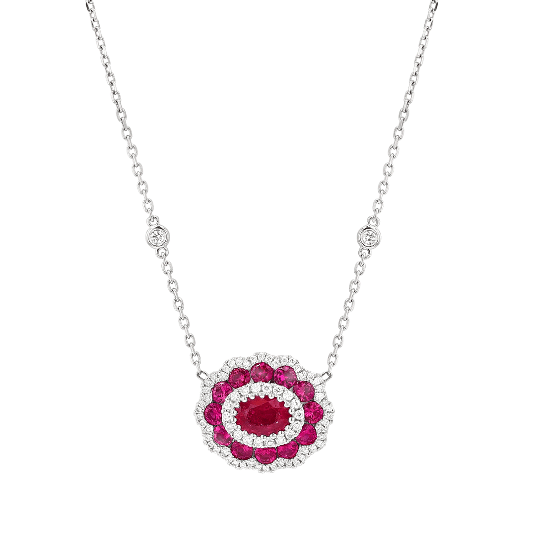 18k White Gold Ruby 1.95 Total Weight and Diamond Pendant