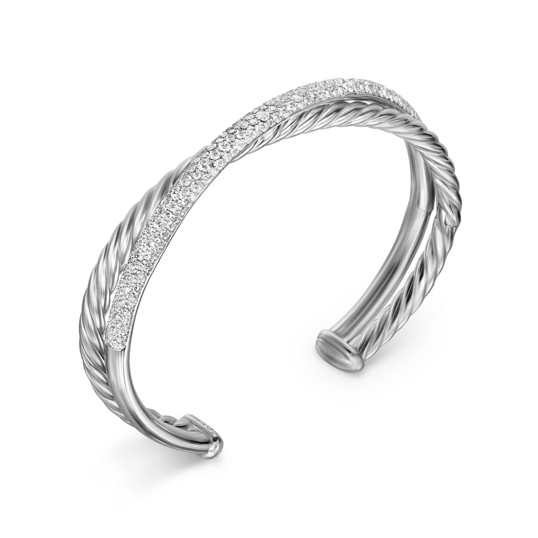 David Yurman Pavé Crossover Two Row Cuff Bracelet Sterling Silver with Diamonds, 10.7mm Medium