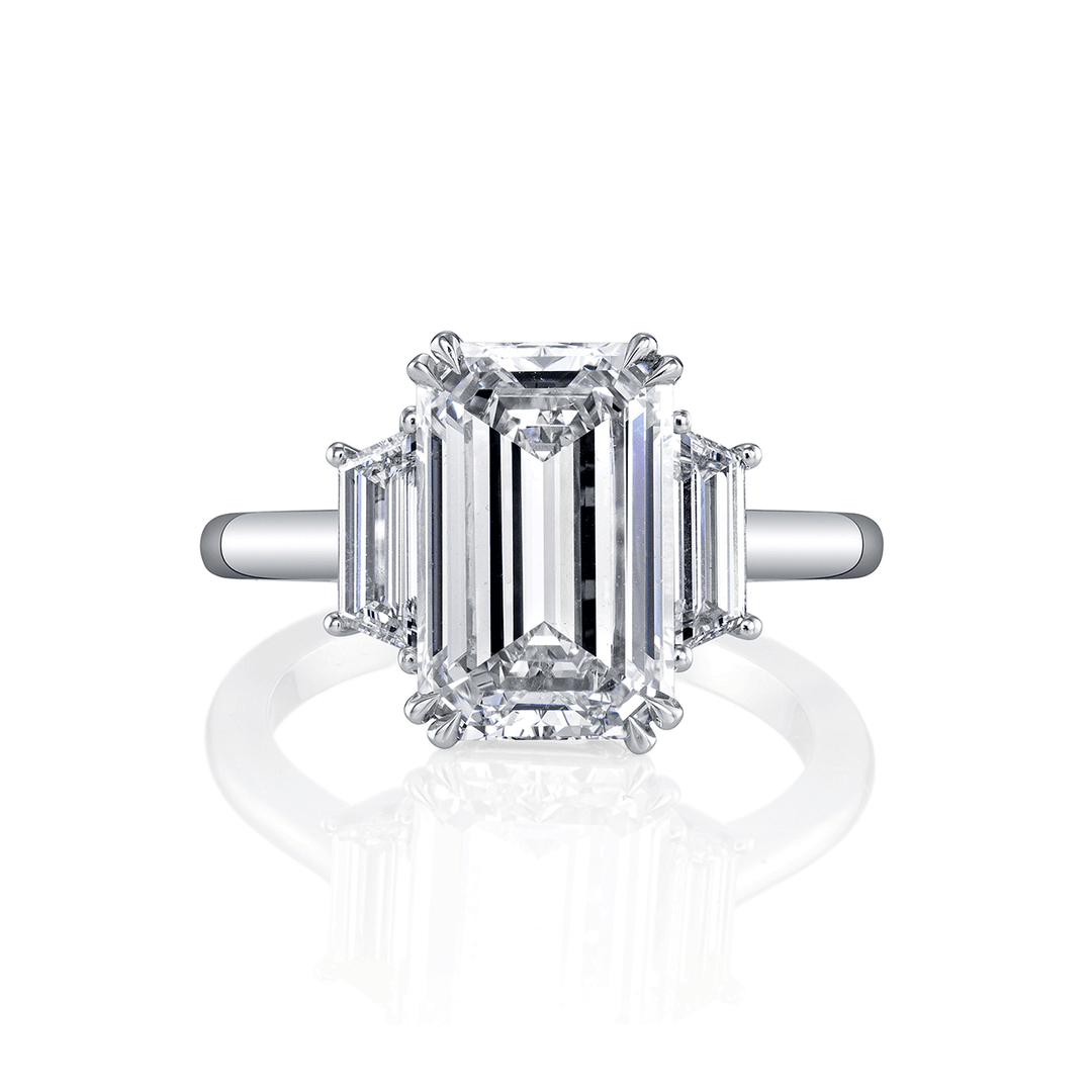 Platinum and 4.04 Total Weight Emerald Cut Diamond Three Stone Ring
