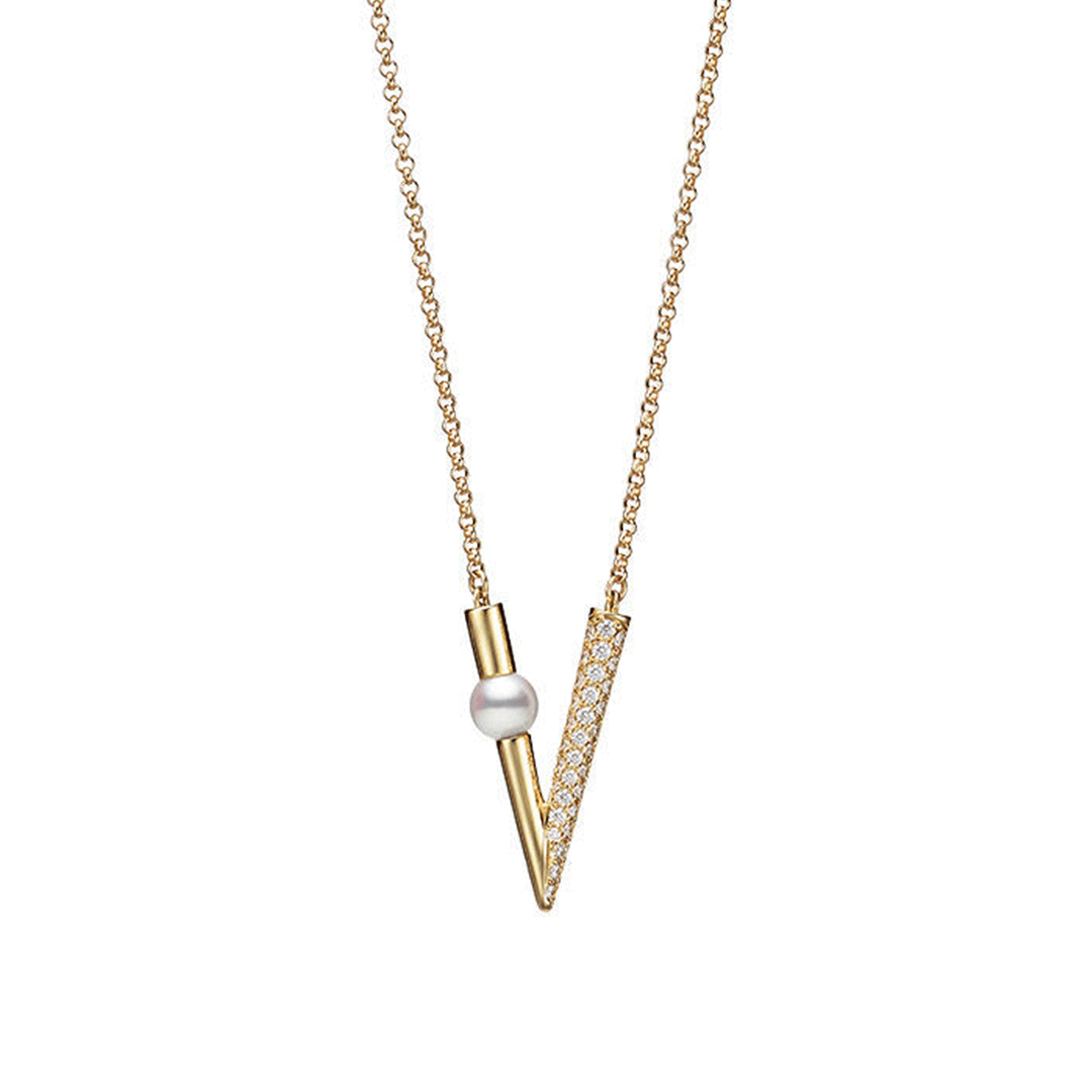 Mikimoto V Code 18k Yellow Gold Akoya Cultured Pearl and Diamond Pendant
