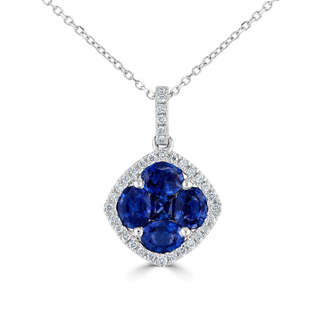 18k White Gold Sapphire 1.59 Total Weight and Diamond Pendant