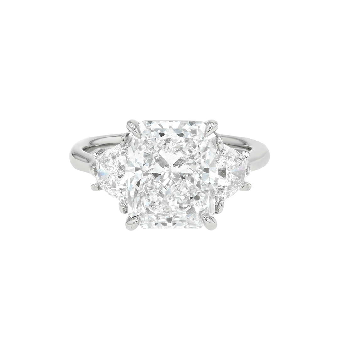 Platinum Three Stone Cushion and Diamond 4.89 Total Weight Ring