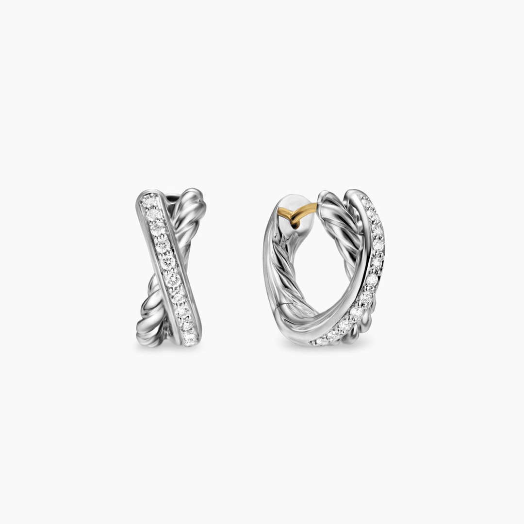 David Yurman Crossover Huggie Hoop Earrings Sterling Silver with Diamonds, 12.4mm