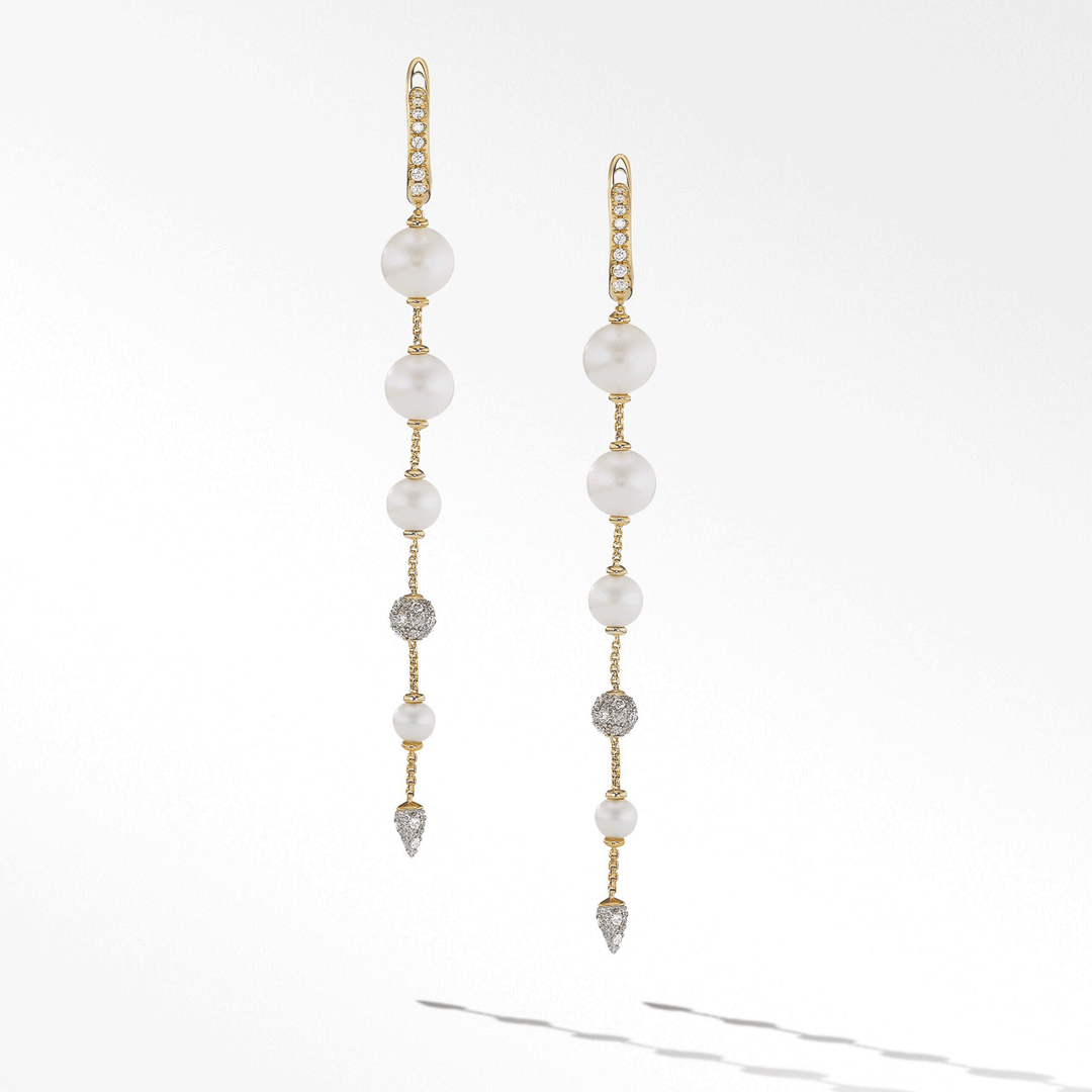 David Yurman Pearl and Pavé Drop Earrings in 18k Yellow Gold with Diamonds