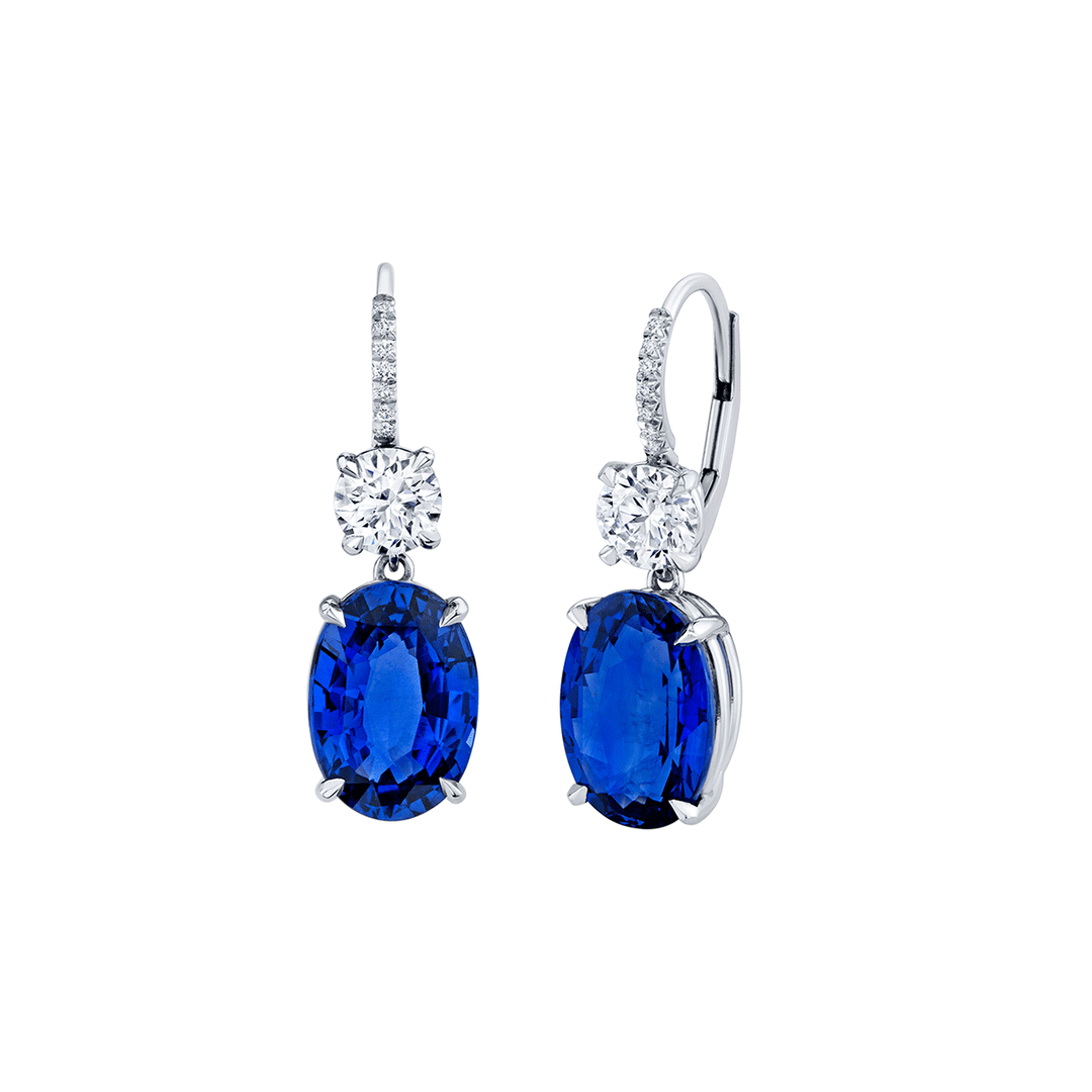 Platinum and 9.02 Total Weight Oval Shape Sapphire Diamond Drop Earrings