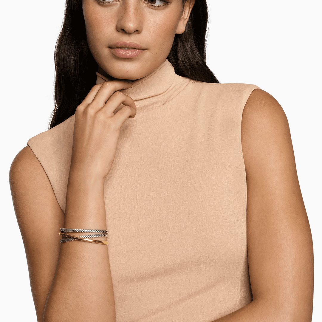 David Yurman Bold Crossover Three Row Cuff Bracelet Sterling Silver with 14k Yellow Gold, 19mm
