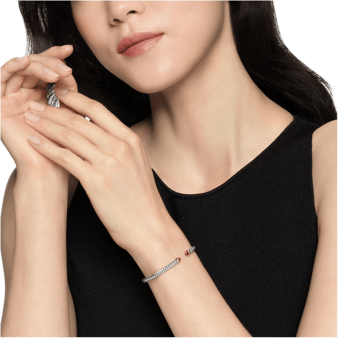 David Yurman Cable Flex Bracelet Sterling Silver with 14k Yellow Gold and Rhodolite Garnet, 4mm