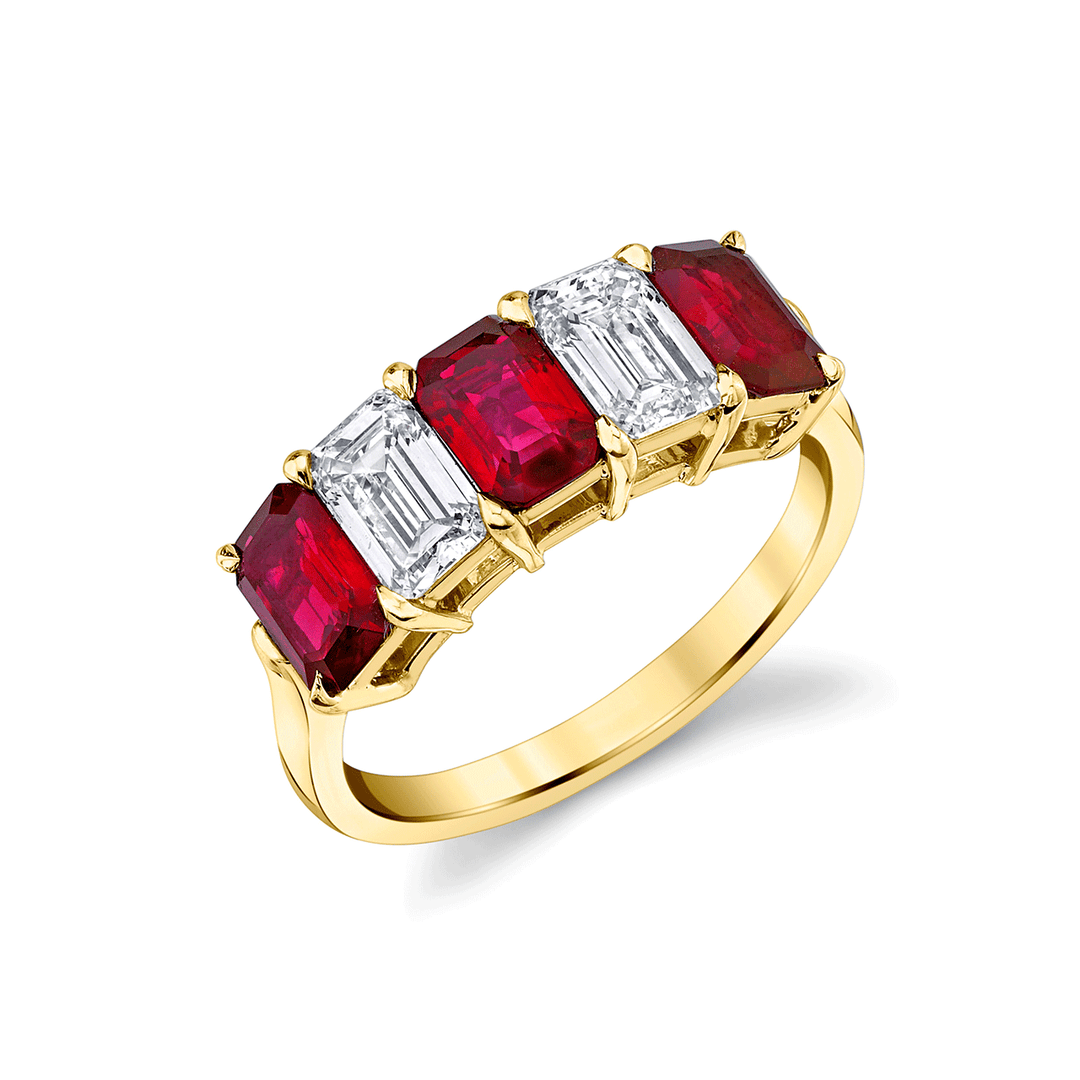 18k Yellow Gold Emerald Cut Ruby and Diamond Alternating Ring