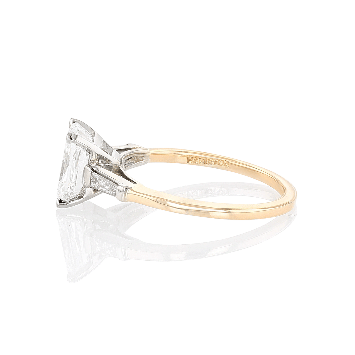 Platinum 14k Yellow Gold and 1.90 Total Weight Radiant Cut Diamond Three Stone Ring