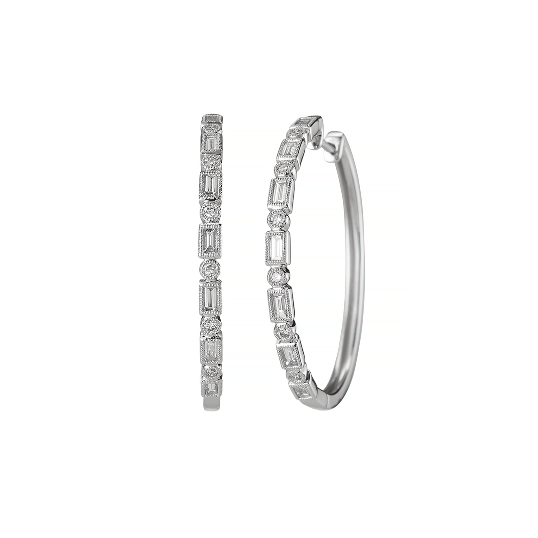 Heritage 18k White Gold .86 Total Weight Diamond Baguette Hoops