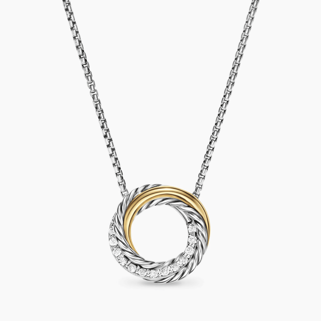 David Yurman Crossover Pendant Necklace Sterling Silver with 18k Yellow Gold and Diamonds, 14.5mm