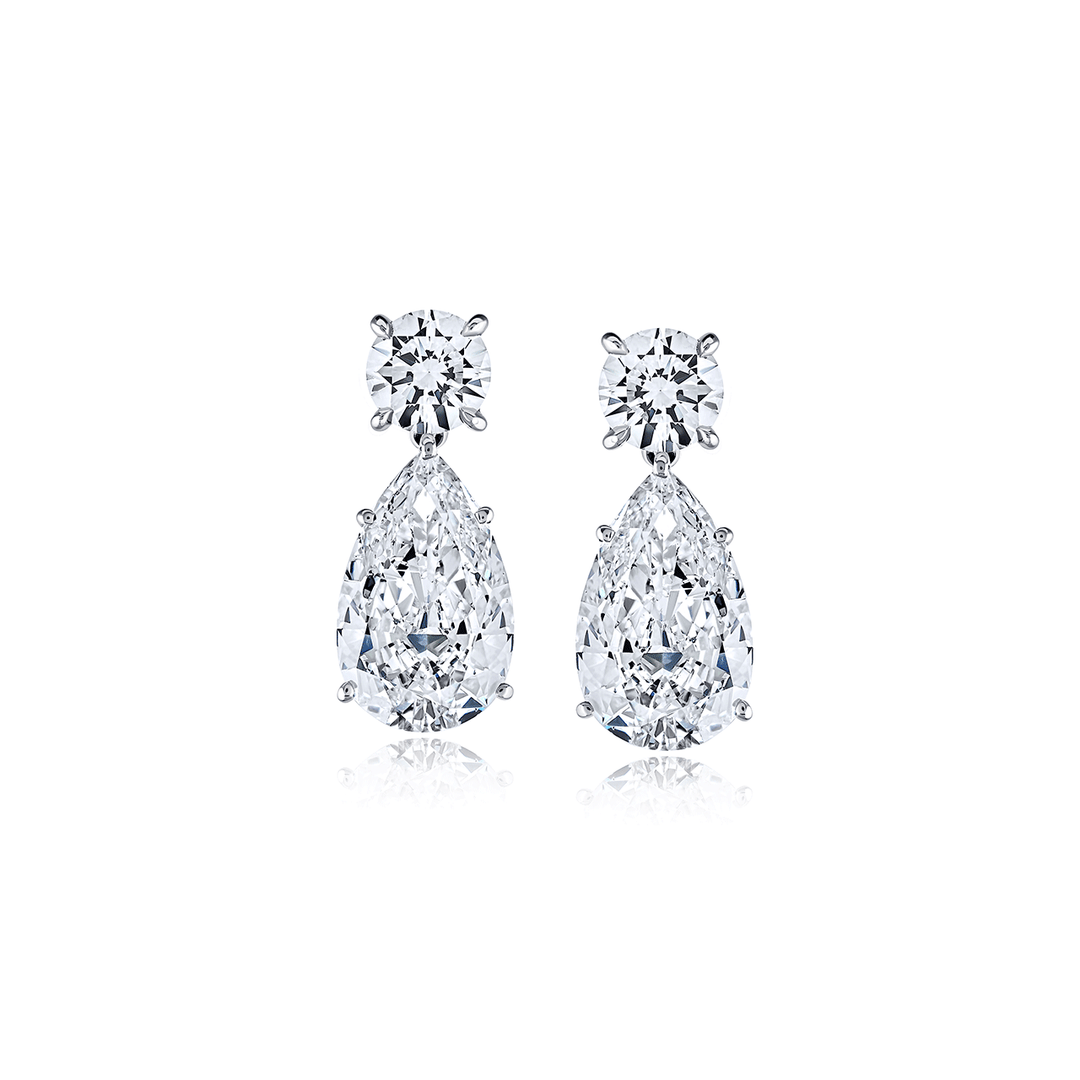 Platinum Round and Pear Shape Diamond Drop Earrings
