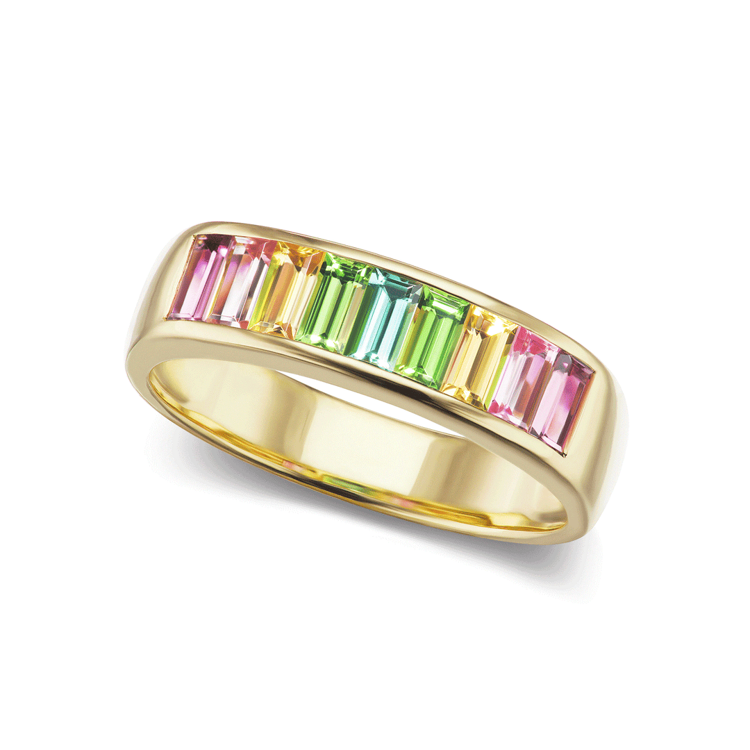Jane Taylor Cirque 14k Yellow Gold and Tourmaline Ombré Small Baguette Square Stacking Band