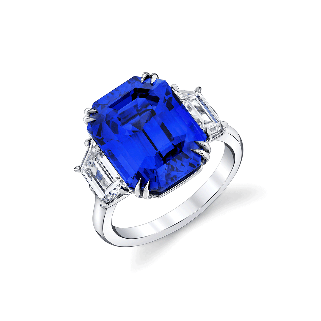 Hamilton Private Reserve Collection Platinum Sapphire 12.30 Total Weight and Trapezoid Diamond Ring