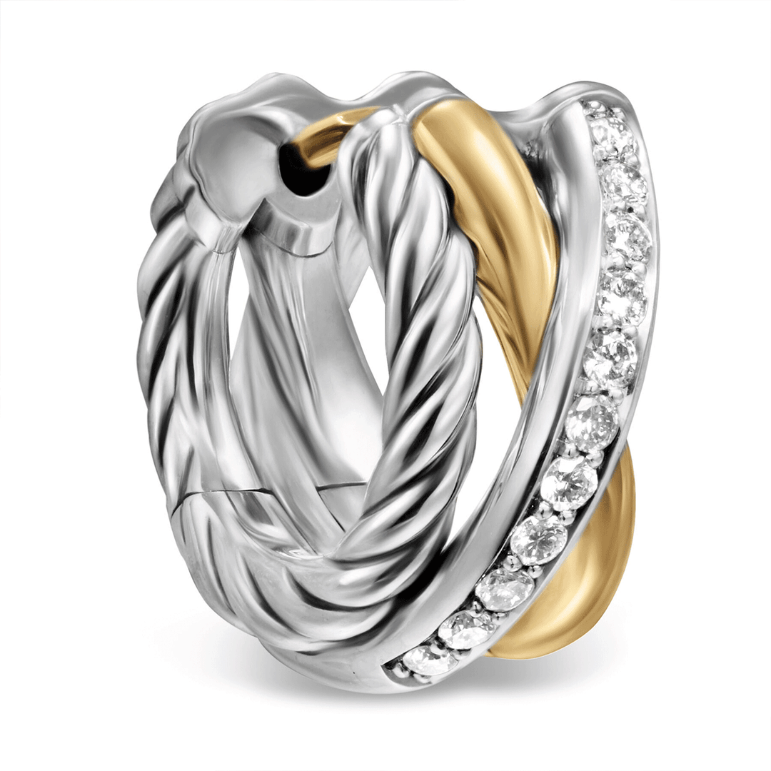 David Yurman Crossover Three Row Huggie Hoop Earrings Sterling Silver with 18k Yellow Gold, 13mm