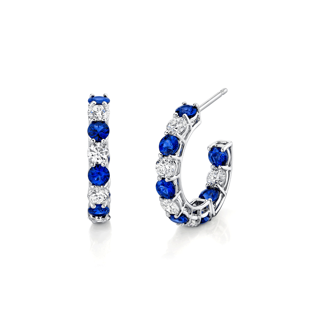 18k White Gold Sapphire 2.68 Total Weight and Diamond In and Out Hoops