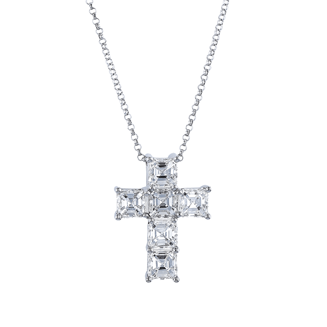 Platinum and Asscher Cut Diamond 4.51 Total Weight Cross Pendant