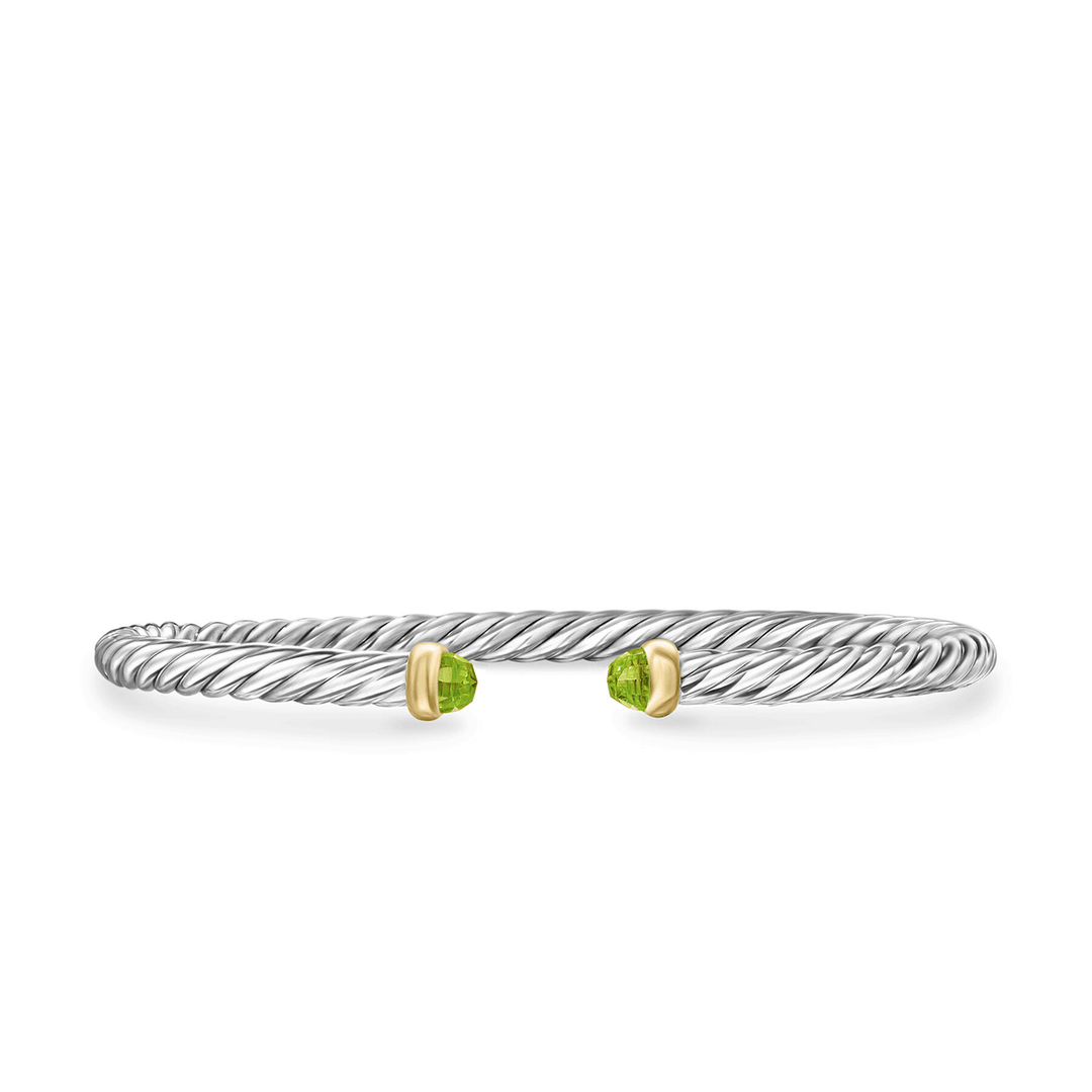 David Yurman Cable Flex Bracelet Sterling Silver with 14k Yellow Gold and Peridot, 4mm