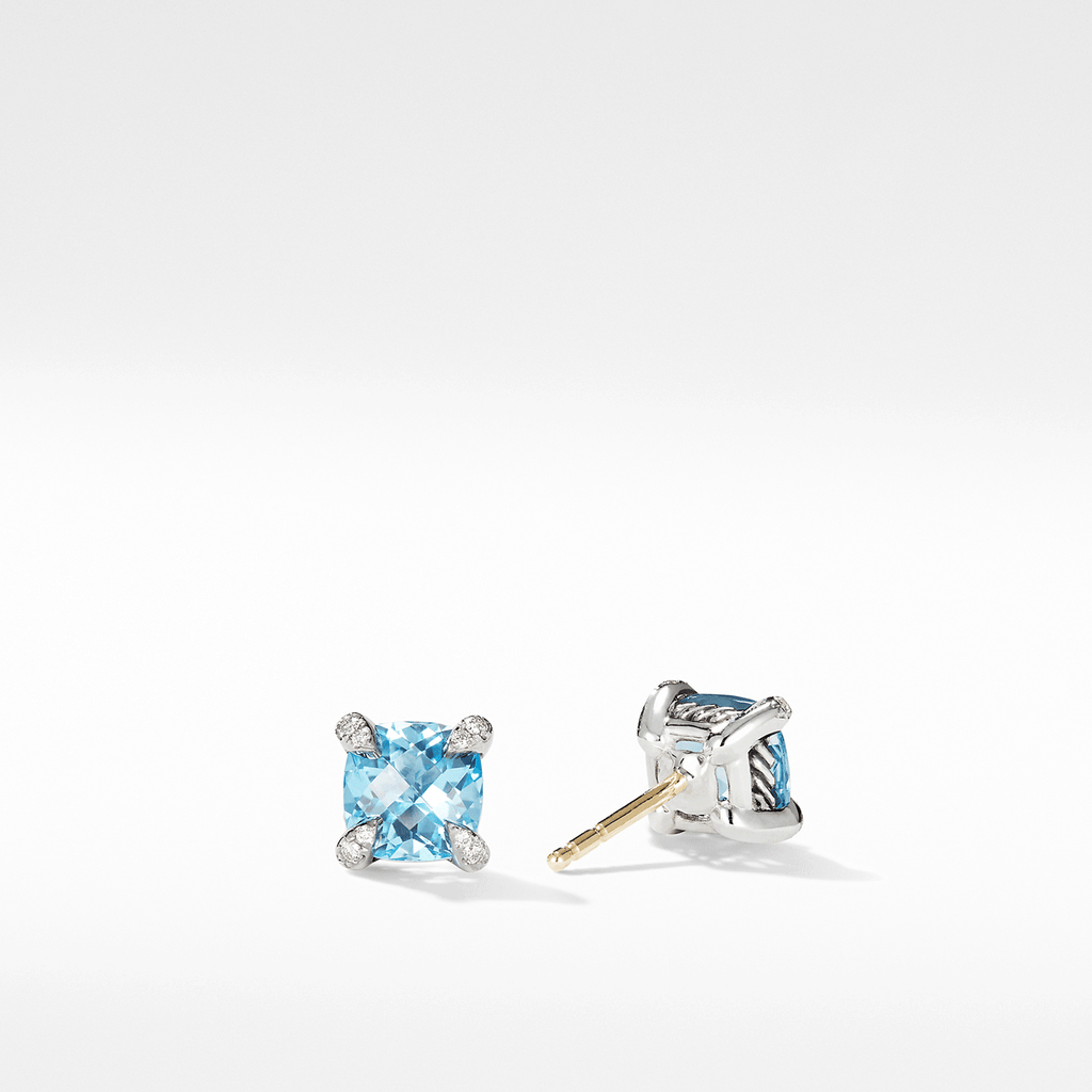 David Yurman Petite Chatelaine Stud Earrings Sterling Silver with Blue Topaz and Diamonds, 6mm