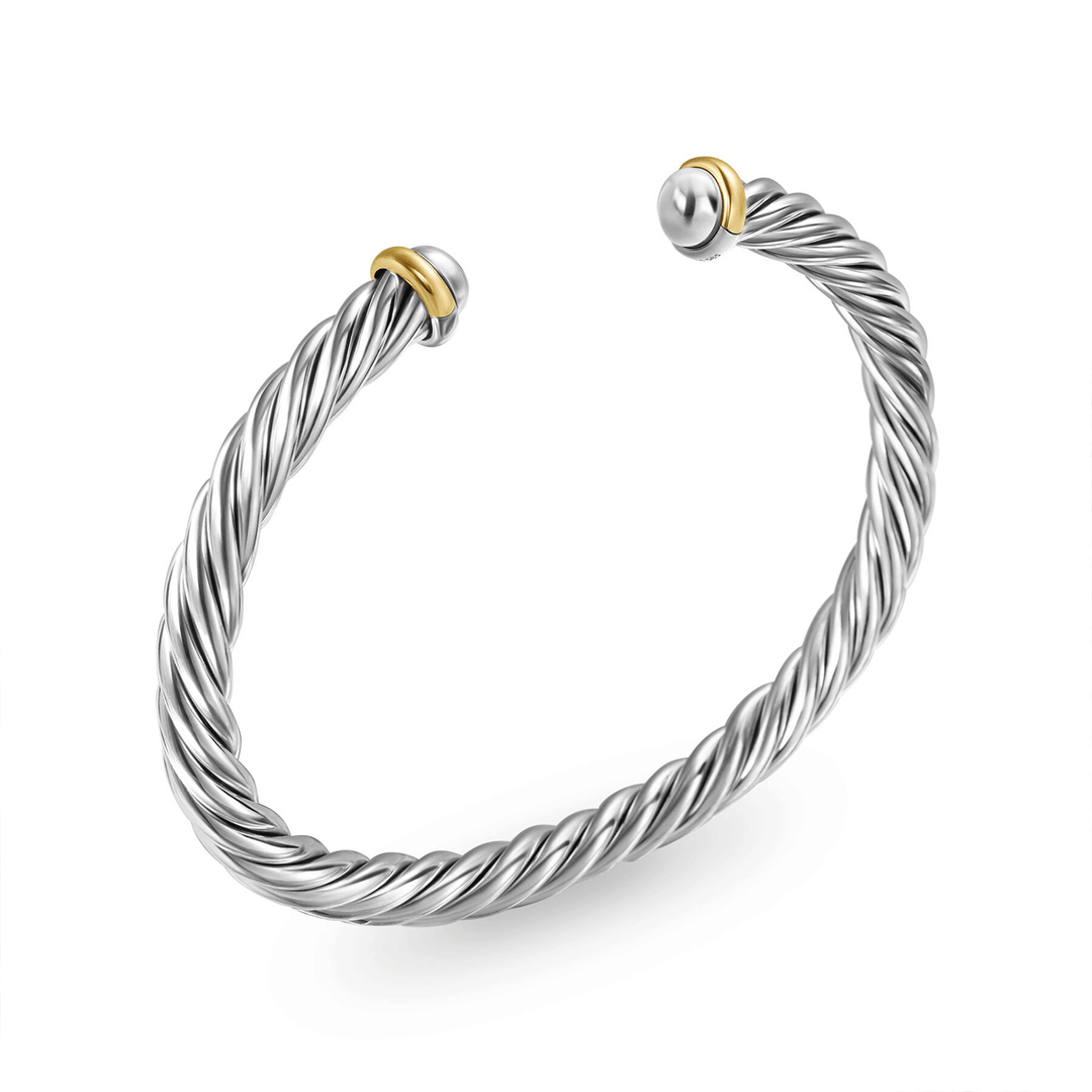 David Yurman Cable Cuff Bracelet Sterling Silver with 14K Yellow Gold and Black Diamonds, 6mm