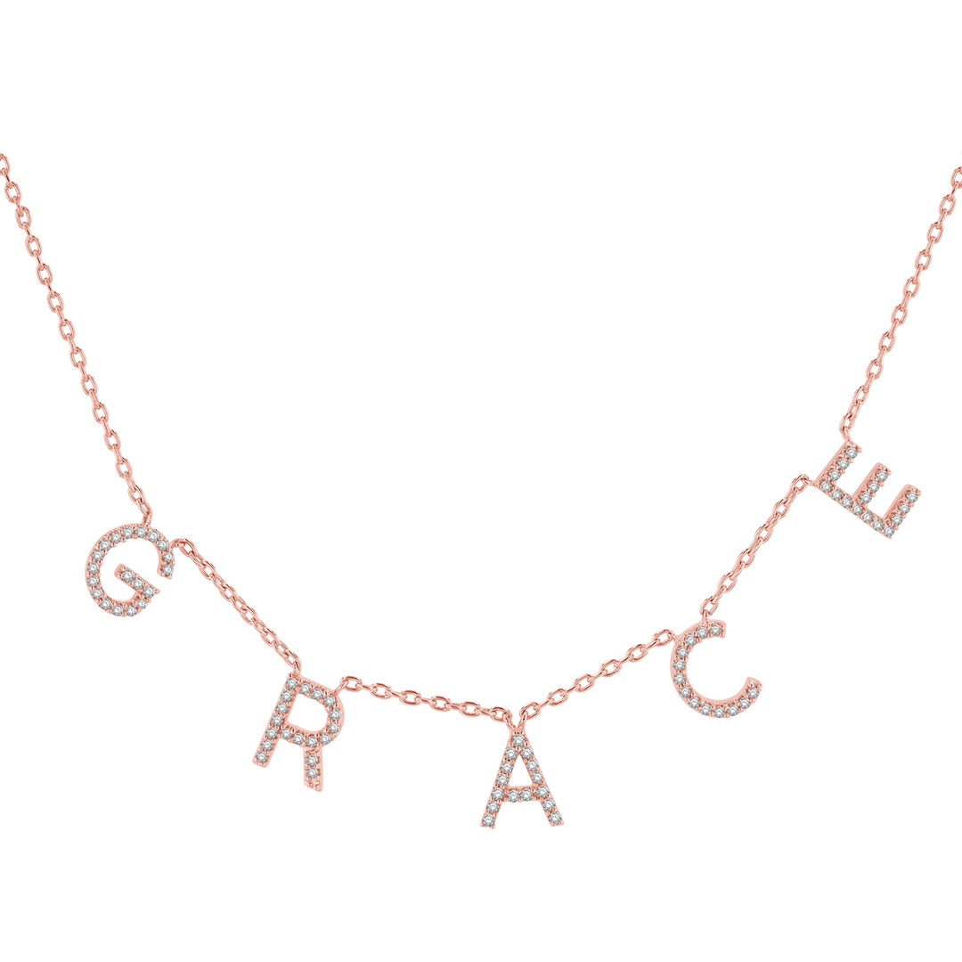 14k Rose Gold Custom Diamond Block Letter Name Necklace