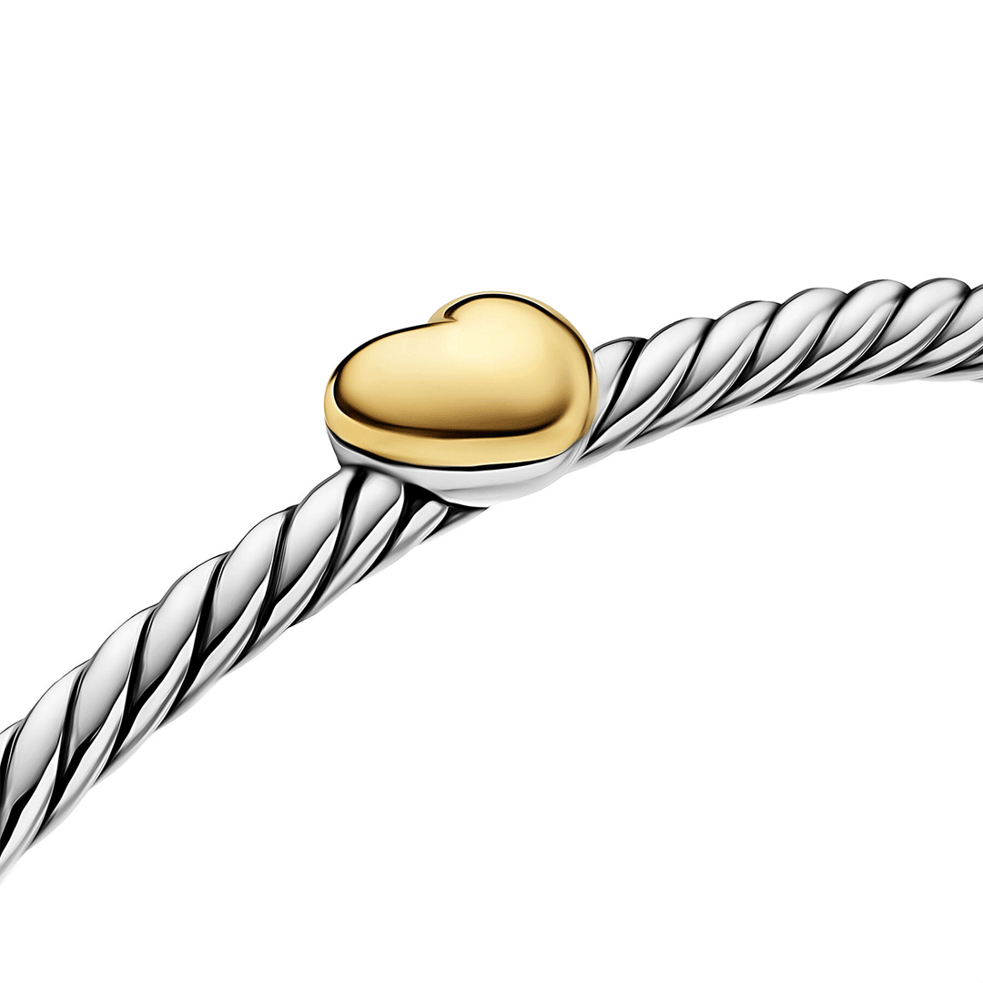 David Yurman Micro Cable Flex® Heart Station Bracelet Sterling Silver with 14K Yellow Gold, 2.6mm Med