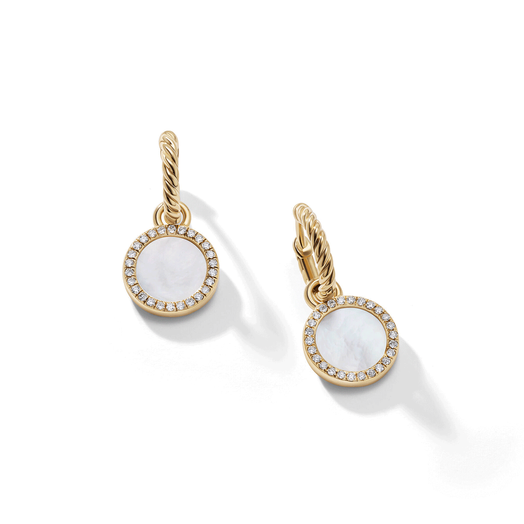 David Yurman Petite DY Elements Drop Earrings 18K Yellow Gold with Mother of Pearl and Diamonds, 22.6mm