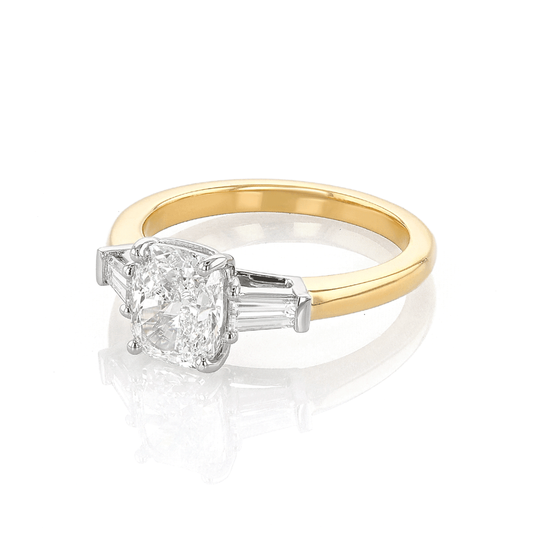 18k Yellow Gold Three Stone Cushion DIamond 2.01 Total Weight Engagement RIng
