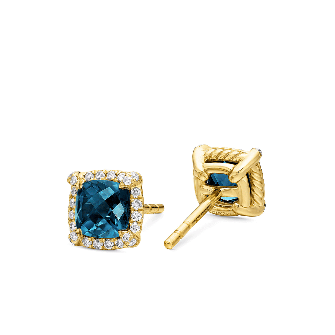 David Yurman Petite Chatelaine Pavé Bezel Stud Earrings in 18k Yellow Gold with Hampton Blue Topaz