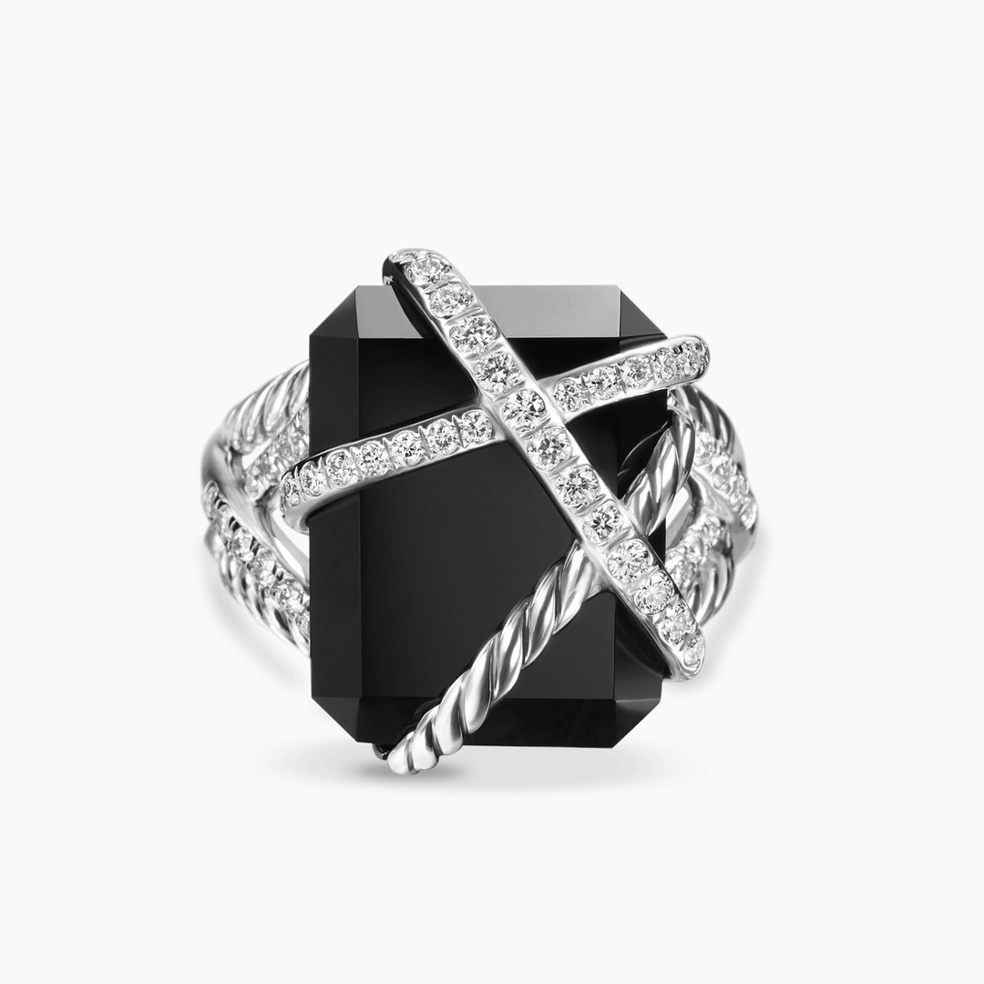 David Yurman Cable Wrap Ring Sterling Silver with Black Onyx and Diamonds, 20.4mm