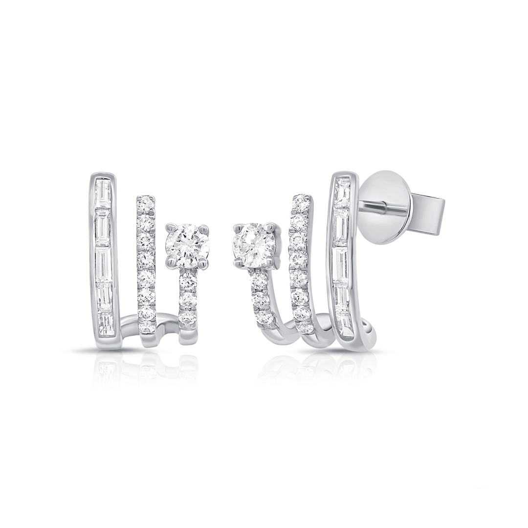14k White Gold and 0.69 Total Weight Diamond Three Row Earrings