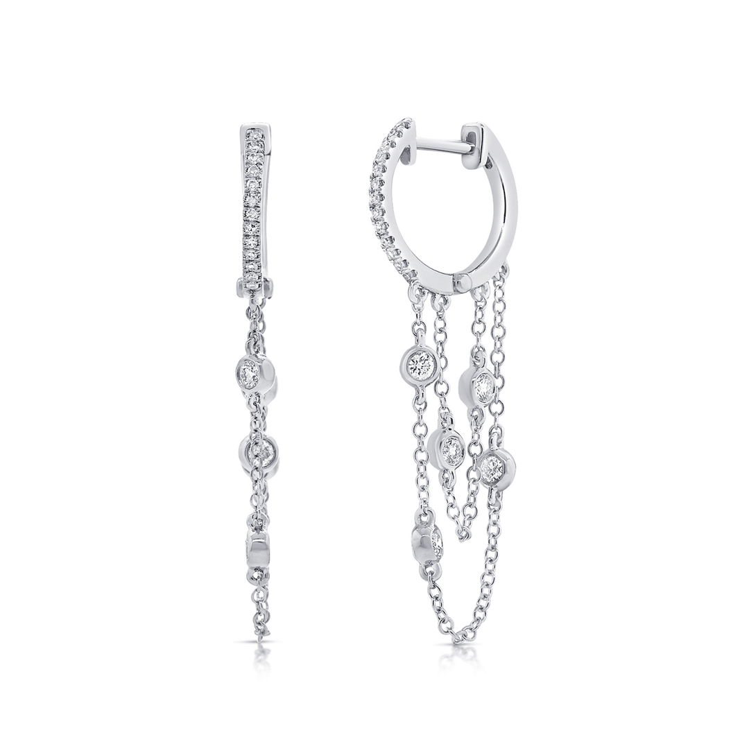 14k White Gold Double Chain Link and Diamond Earrings