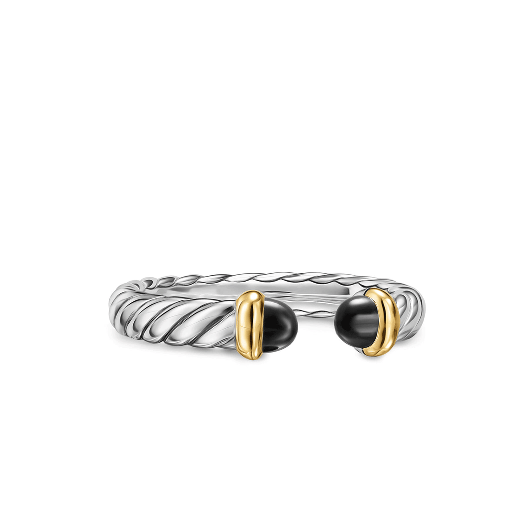 David Yurman Petite Cable Open Ring Sterling Silver with 14K Yellow Gold and Black Onyx, 3.4mm
