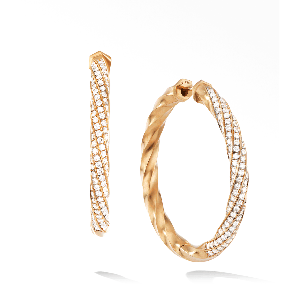 David Yurman Cable Edge Hoop Earrings in Recycled 18k Yellow Gold with Pavé Diamonds