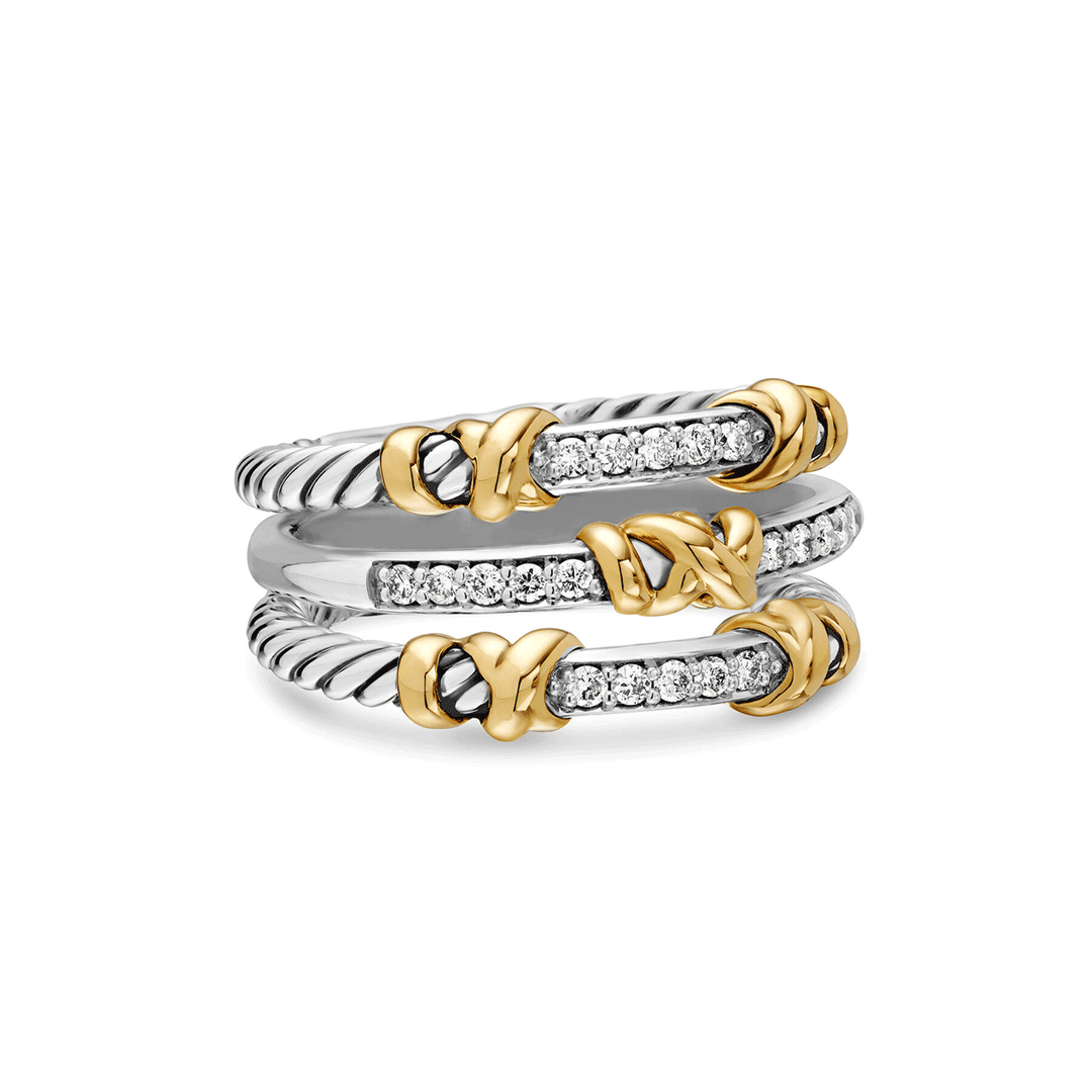 David Yurman Petite Helena Wrap Three Row Ring Sterling Silver with 18K Yellow Gold and Diamonds