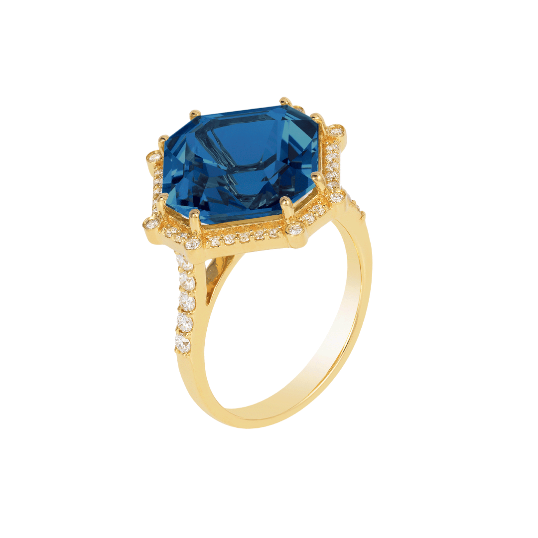 Goshwara Gossip 18k Yellow Gold London Blue Topaz and Diamond Ring