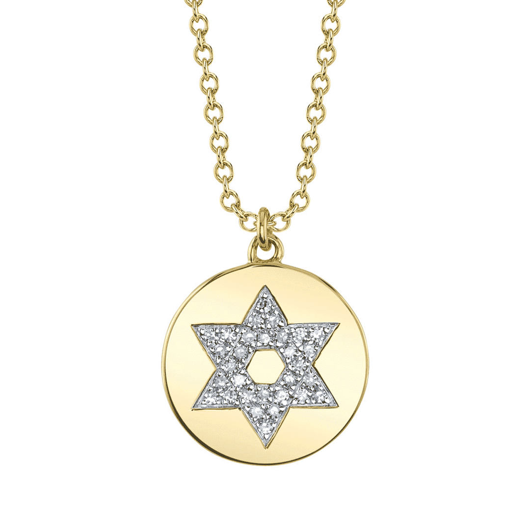 14k Yellow Gold and Diamond Star of David Disc Pendant