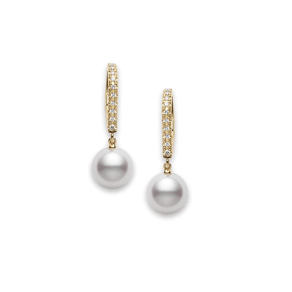 Mikimoto 18k Yellow Gold Akoya Pearl Diamond Drop Earrings