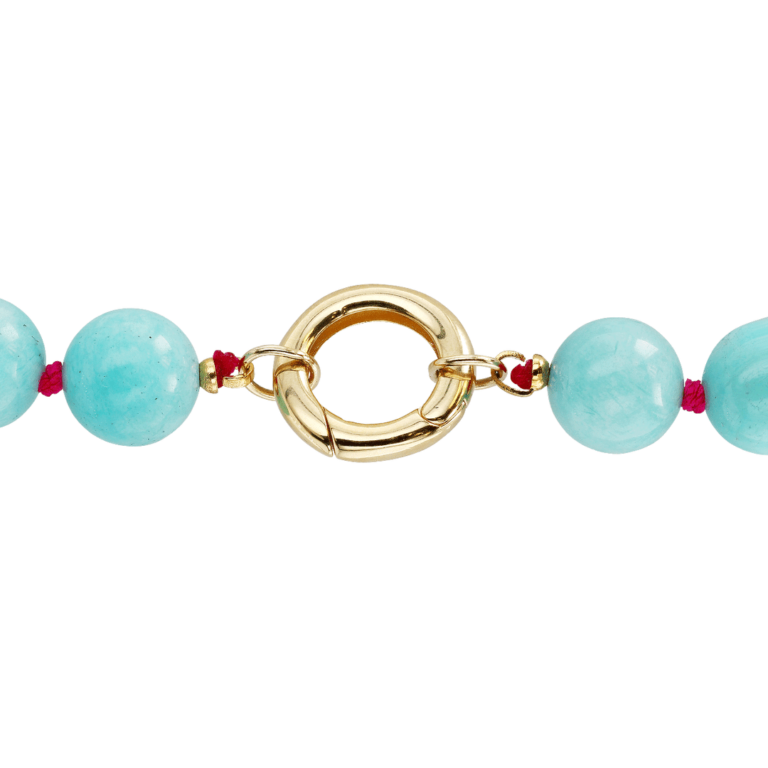 14k Yellow Gold and Amazonite Bead Pink Silk Necklace