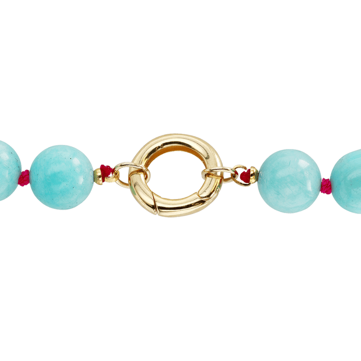 14k Yellow Gold and Amazonite Bead Pink Silk Necklace
