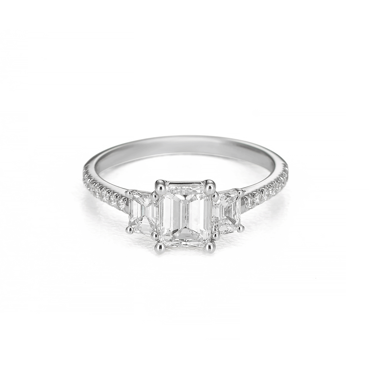 18k White Gold Three Stone Diamond Emerald Cut Engagement Ring