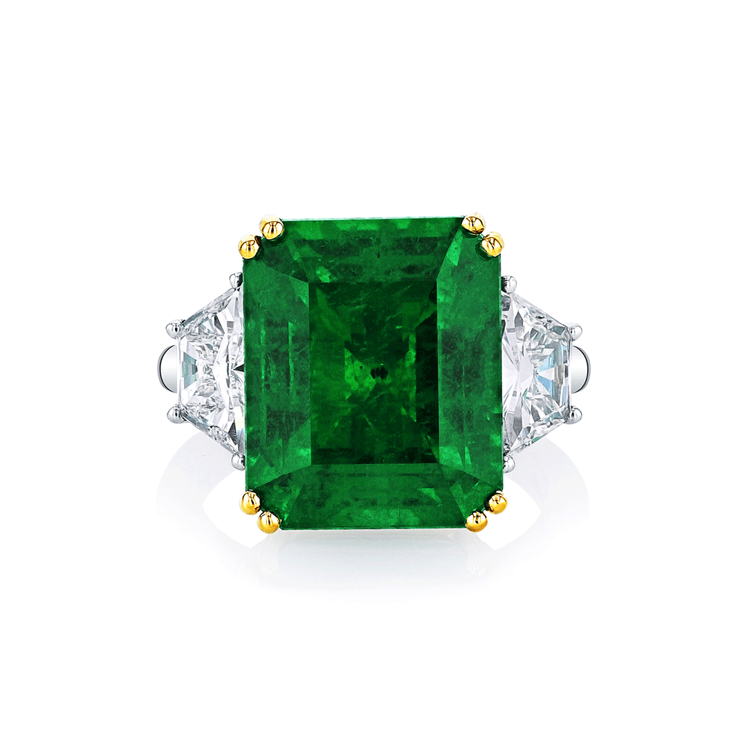 Platinum 18k Yellow Gold and 12.52 Total Weight Emerald Diamond Three Stone Ring