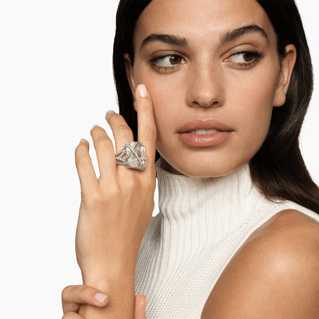 David Yurman Cable Wrap Ring Sterling Silver with Crystal and Diamonds, 20.4mm