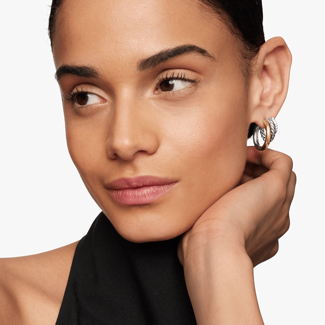 David Yurman DY Mercer Multi Hoop Earrings Sterling Silver with 18K Yellow Gold and Diamonds, 21mm