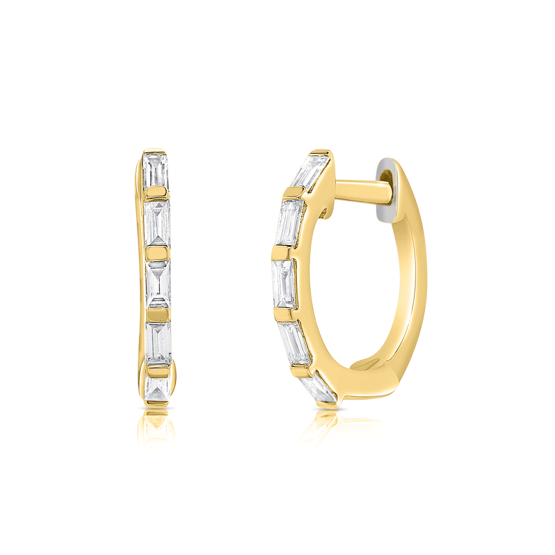 14k Yellow Gold and Diamond Baguette .17 Total Weight Huggie Hoops