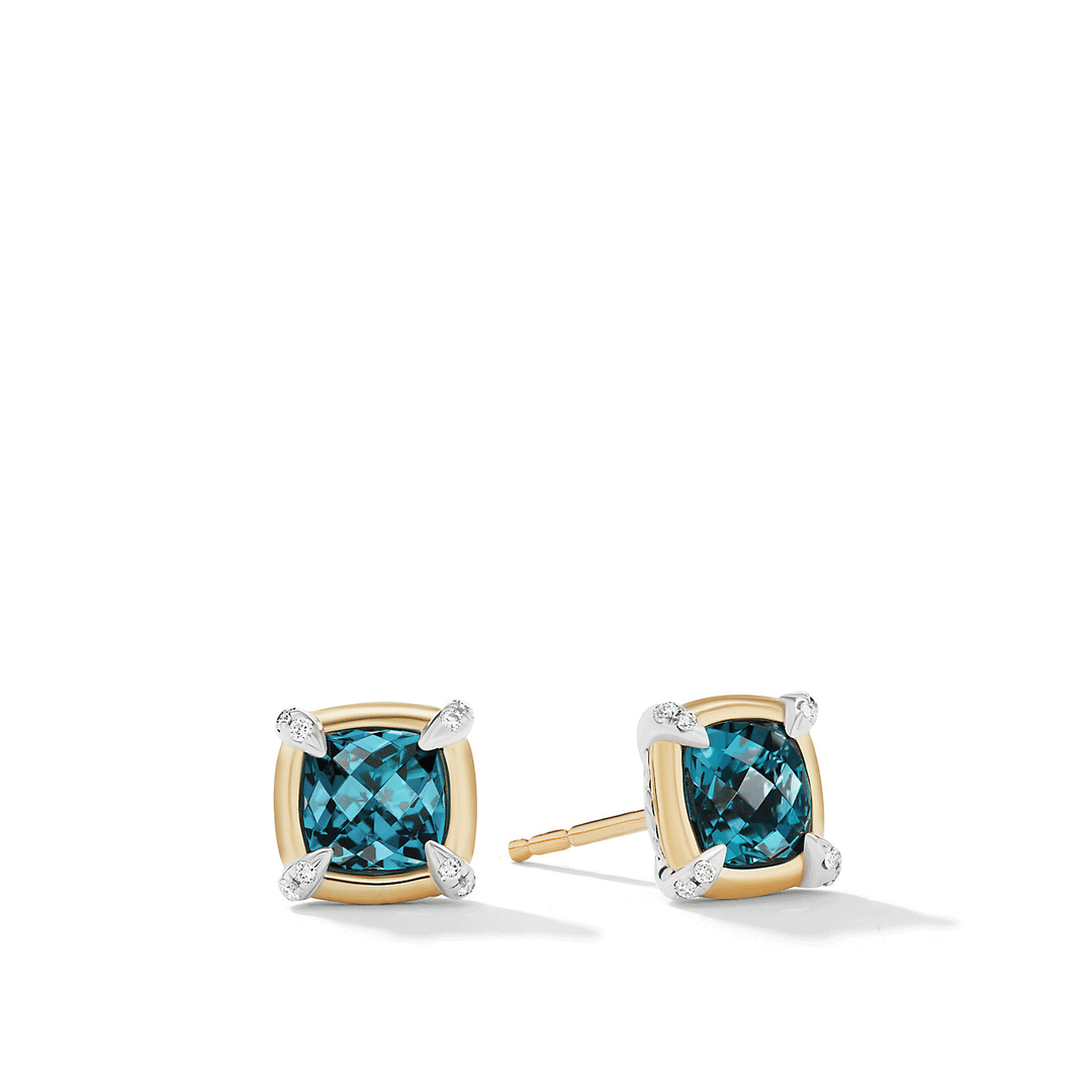 David Yurman Petite Chatelaine Stud Earrings with Hampton Blue Topaz, 18k Yellow Gold and Diamonds