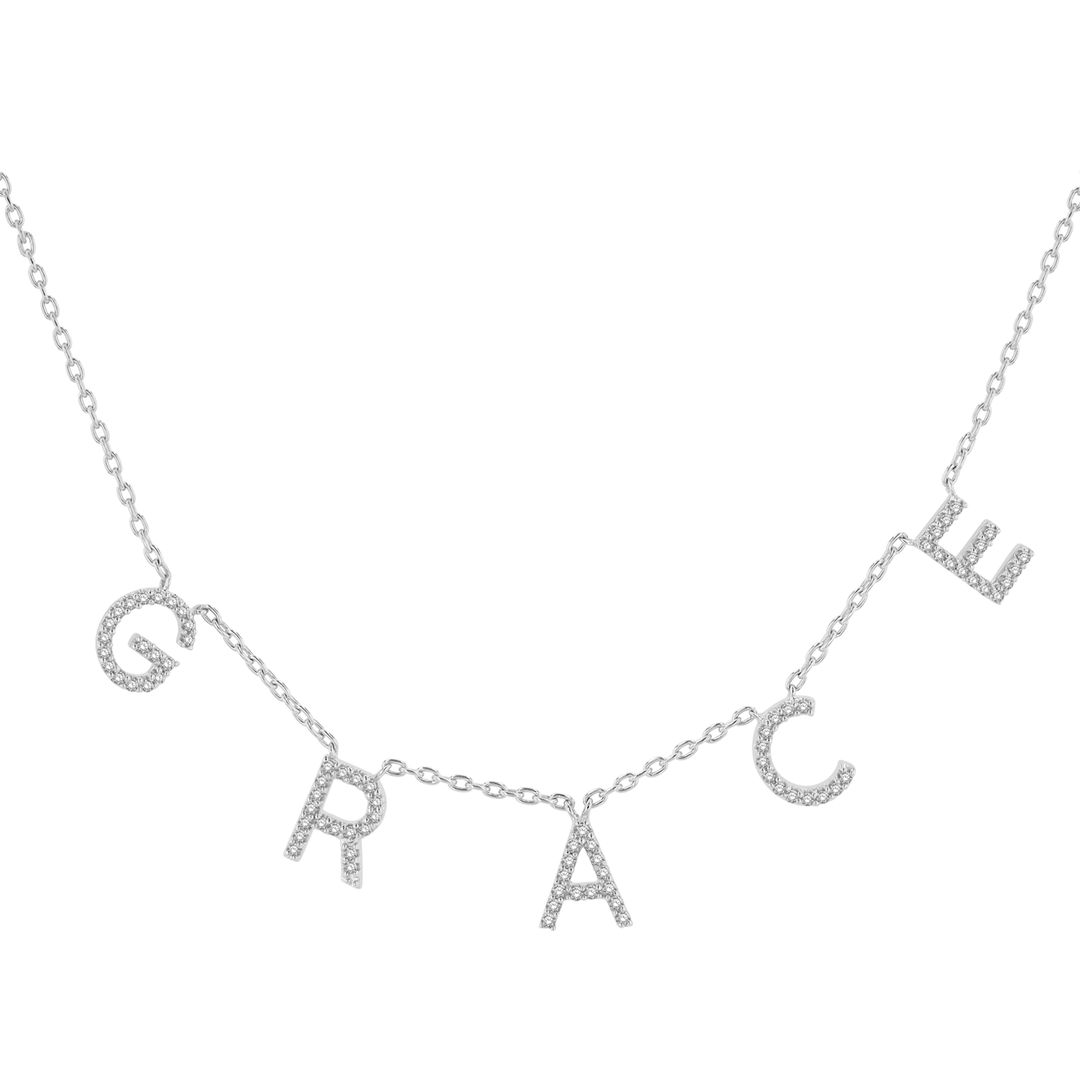 14k White Gold Custom Diamond Block Letter Name Necklace